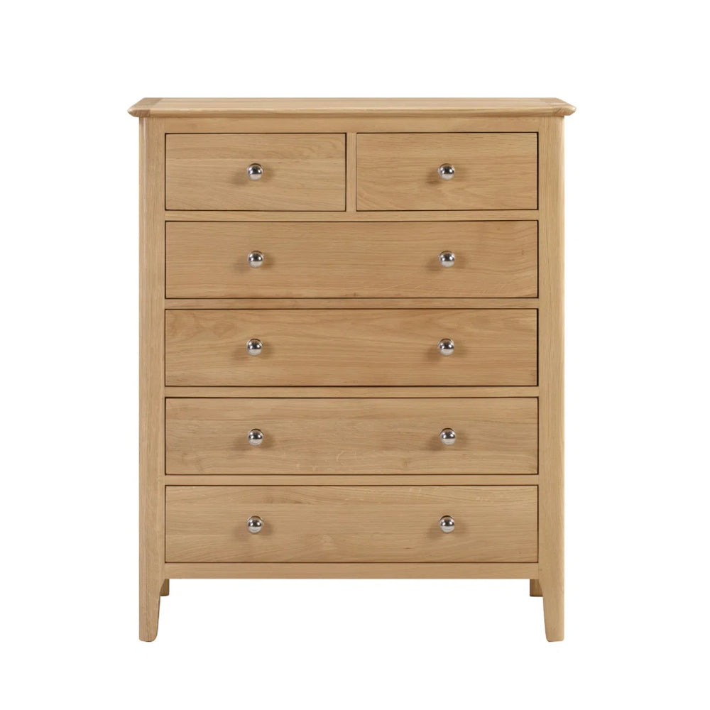 Julian Bowen Cotswold 4+2 Drawer Chest - Solid Oak & Oak Veneers Bedroom Storage Cabinet with 6 Spacious Drawers, Silver Knobs, Traditional Wooden Chest of Drawers