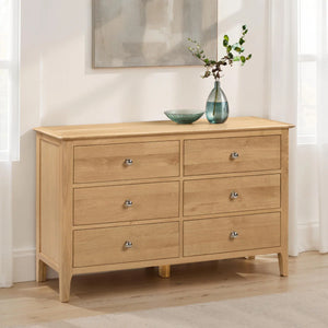 Julian Bowen Cotswold 6 Drawer Wide Chest – Solid Oak & Oak Veneers Bedroom Storage Cabinet with 6 Deep Drawers, Silver Knobs, Traditional Wooden Chest of Drawers