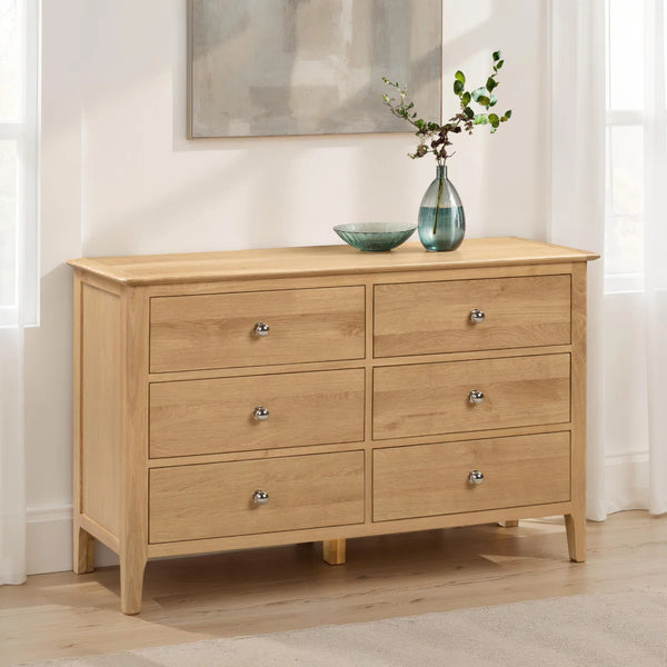 Julian Bowen Cotswold 6 Drawer Wide Chest – Solid Oak & Oak Veneers Bedroom Storage Cabinet with 6 Deep Drawers, Silver Knobs, Traditional Wooden Chest of Drawers
