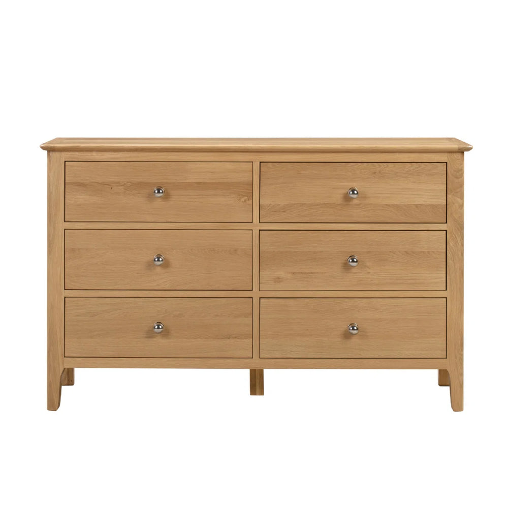 Julian Bowen Cotswold 6 Drawer Wide Chest – Solid Oak & Oak Veneers Bedroom Storage Cabinet with 6 Deep Drawers, Silver Knobs, Traditional Wooden Chest of Drawers