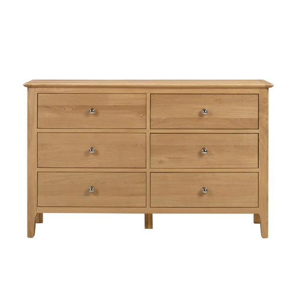 Julian Bowen Cotswold 6 Drawer Wide Chest – Solid Oak & Oak Veneers Bedroom Storage Cabinet with 6 Deep Drawers, Silver Knobs, Traditional Wooden Chest of Drawers