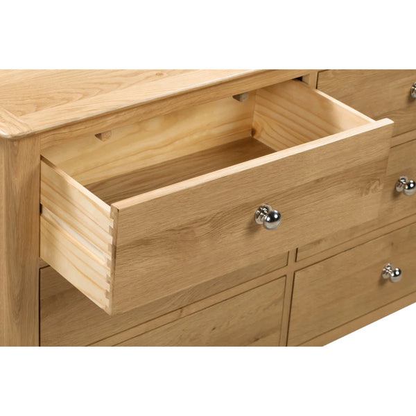 Julian Bowen Cotswold 6 Drawer Wide Chest – Solid Oak & Oak Veneers Bedroom Storage Cabinet with 6 Deep Drawers, Silver Knobs, Traditional Wooden Chest of Drawers