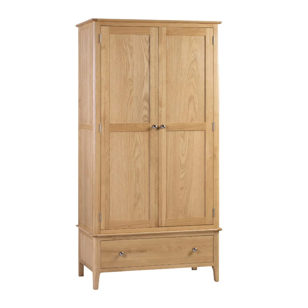 Julian Bowen Cotswold Solid Oak 2 Door 1 Drawer Wooden Wardrobe with Hanging Rail for Bedroom Storage