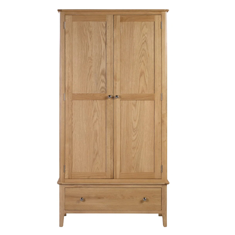 Julian Bowen Cotswold Solid Oak 2 Door 1 Drawer Wooden Wardrobe with Hanging Rail for Bedroom Storage