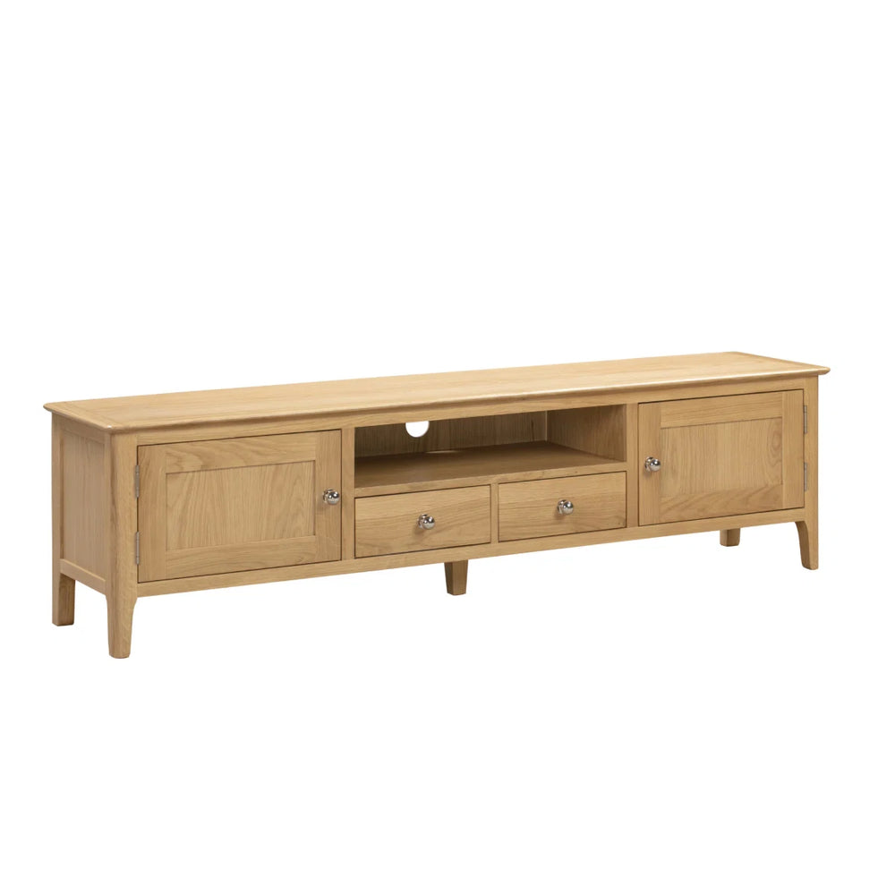 Julian Bowen Cotswold Solid Oak Widescreen TV Unit with 2 Drawers, 2 Cupboards & Open Shelf – Oak Entertainment Stand for TVs up to 65 Inch