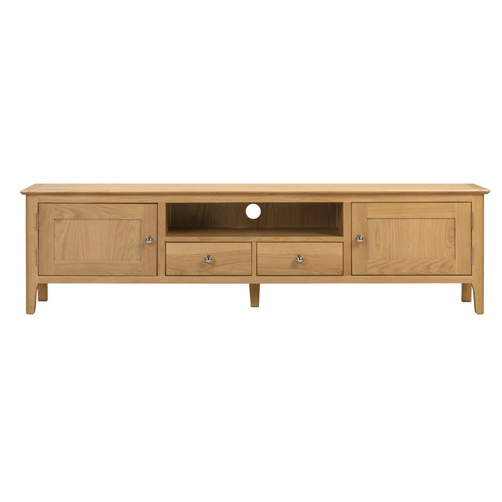 Julian Bowen Cotswold Solid Oak Widescreen TV Unit with 2 Drawers, 2 Cupboards & Open Shelf – Oak Entertainment Stand for TVs up to 65 Inch