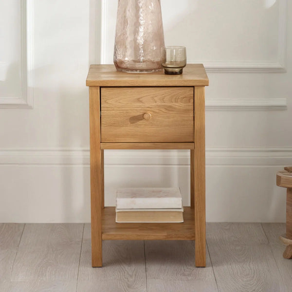 Julian Bowen Coxmoor 1 Drawer Bedside Table in Oak – Wooden Nightstand with Storage Drawer & Open Shelf for Bedroom
