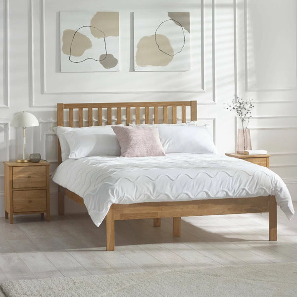 Coxmoor Solid Oak 150cm Bed Frame with Panelled Headboard – Natural Oak Finish