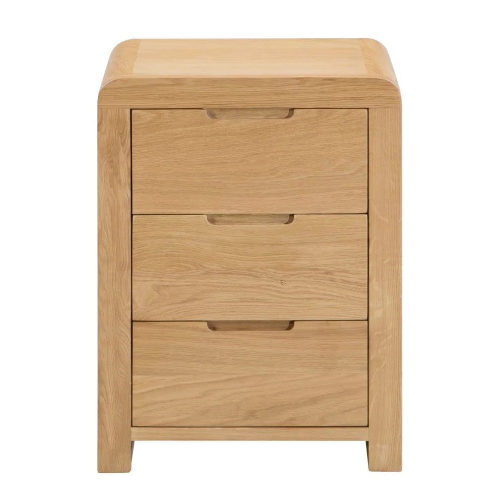 Julian Bowen Curve 3 Drawer Bedside Table in Solid White Oak & Oak Veneers with Recessed Handles