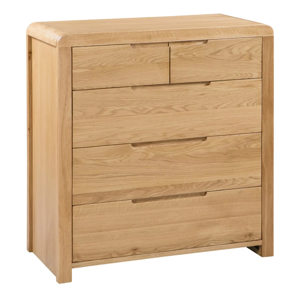 Julian Bowen Curve 3+2 Drawer Oak Chest – Solid White Oak & Oak Veneers Bedroom Storage Chest with Recessed Handles