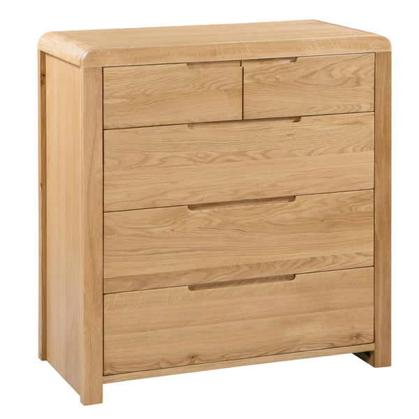 Julian Bowen Curve 3+2 Drawer Oak Chest – Solid White Oak & Oak Veneers Bedroom Storage Chest with Recessed Handles