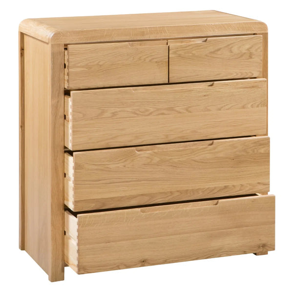 Julian Bowen Curve 3+2 Drawer Oak Chest – Solid White Oak & Oak Veneers Bedroom Storage Chest with Recessed Handles