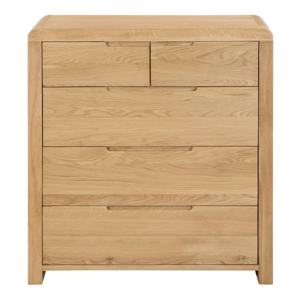 Julian Bowen Curve 3+2 Drawer Oak Chest – Solid White Oak & Oak Veneers Bedroom Storage Chest with Recessed Handles
