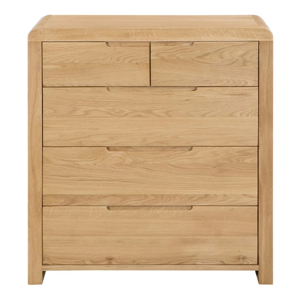 Julian Bowen Curve 3+2 Drawer Oak Chest – Solid White Oak & Oak Veneers Bedroom Storage Chest with Recessed Handles