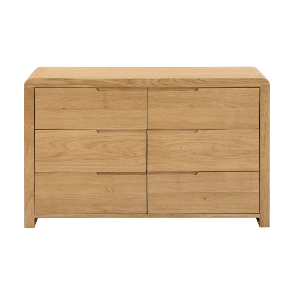Julian Bowen Curve 6 Drawer Wide Chest – Solid White Oak & Oak Veneer Bedroom Storage Chest with Recessed Handles