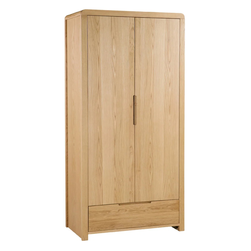 Julian Bowen Curve 2 Door 1 Drawer Solid Oak Wardrobe with Hanging Rail & Storage Drawer