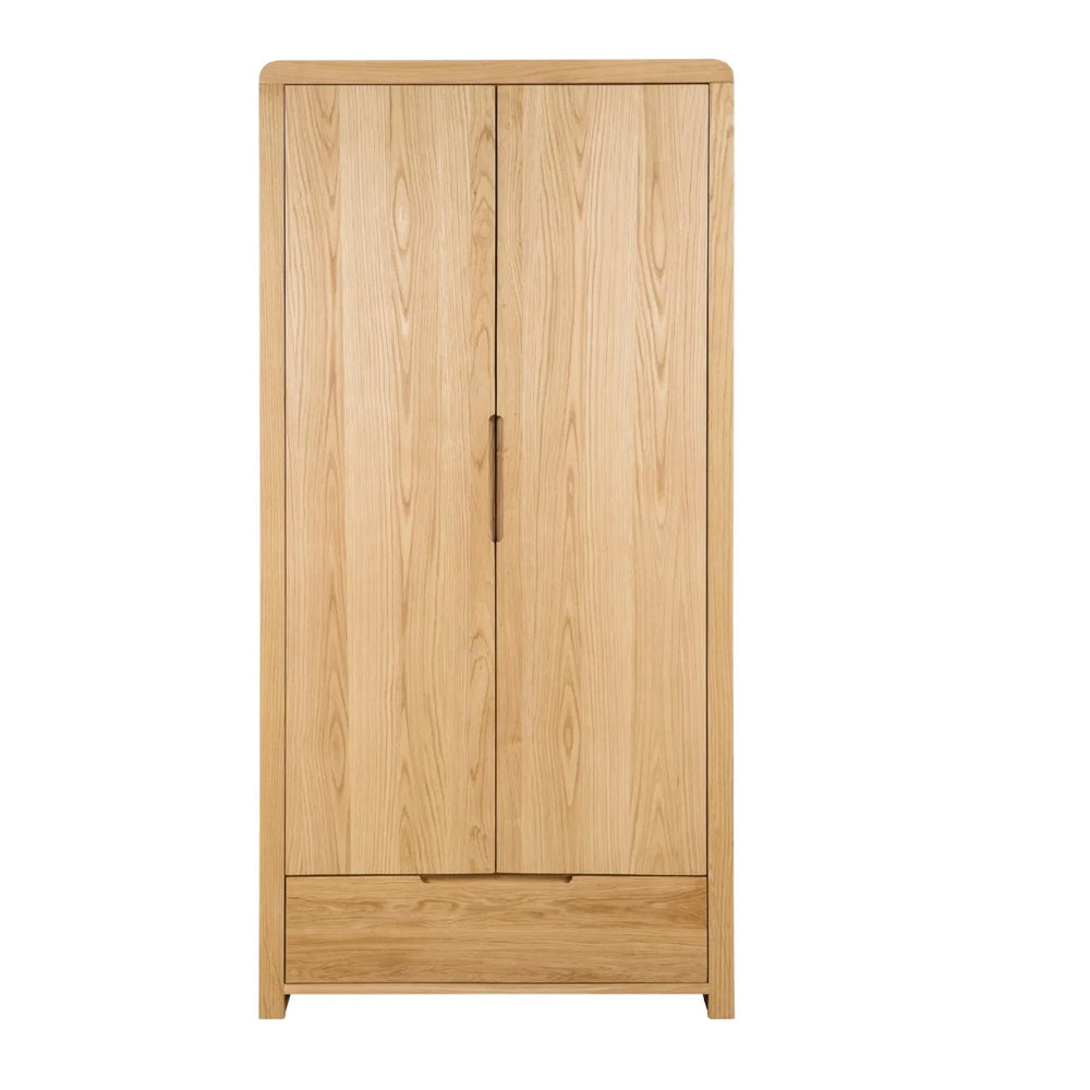 Julian Bowen Curve 2 Door 1 Drawer Solid Oak Wardrobe with Hanging Rail & Storage Drawer