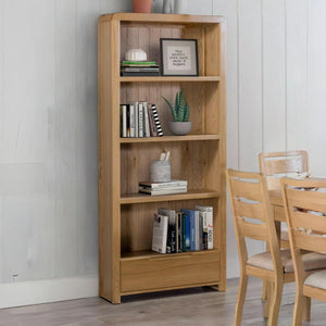Julian Bowen Curve Oak Tall Bookcase with Drawer – Solid Oak & Oak Veneers Storage Shelving Unit