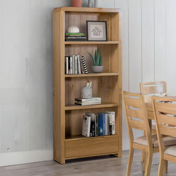 Julian Bowen Curve Oak Tall Bookcase with Drawer – Solid Oak & Oak Veneers Storage Shelving Unit
