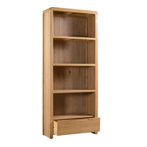 Julian Bowen Curve Oak Tall Bookcase with Drawer – Solid Oak & Oak Veneers Storage Shelving Unit
