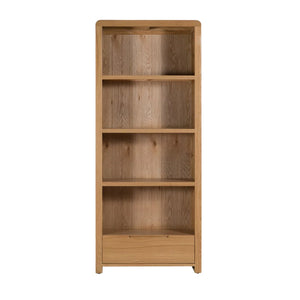 Julian Bowen Curve Oak Tall Bookcase with Drawer – Solid Oak & Oak Veneers Storage Shelving Unit