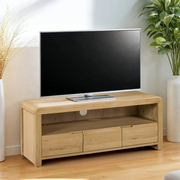 Julian Bowen Curve Oak TV Unit with 3 Drawers & Open Shelving – Solid Oak & Oak Veneers, Modern Retro Entertainment Stand for TVs up to 40 Inches
