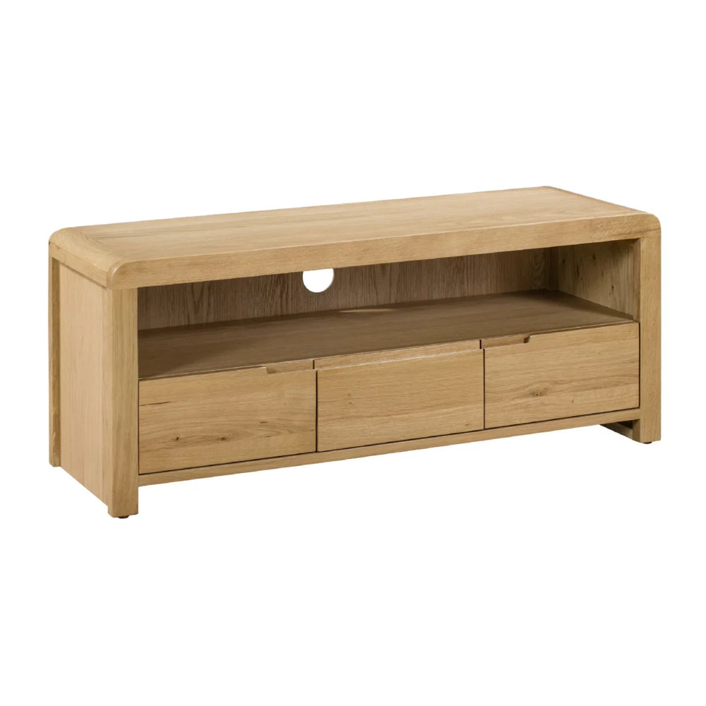 Julian Bowen Curve Oak TV Unit with 3 Drawers & Open Shelving – Solid Oak & Oak Veneers, Modern Retro Entertainment Stand for TVs up to 40 Inches