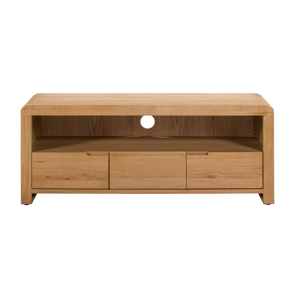 Julian Bowen Curve Oak TV Unit with 3 Drawers & Open Shelving – Solid Oak & Oak Veneers, Modern Retro Entertainment Stand for TVs up to 40 Inches