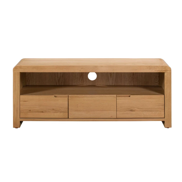 Julian Bowen Curve Oak TV Unit with 3 Drawers & Open Shelving – Solid Oak & Oak Veneers, Modern Retro Entertainment Stand for TVs up to 40 Inches