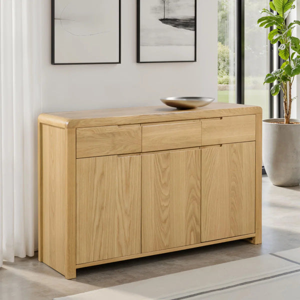 Julian Bowen Curve Oak Sideboard – Solid Oak & Oak Veneers Storage Cabinet with 3 Drawers & 3 Doors