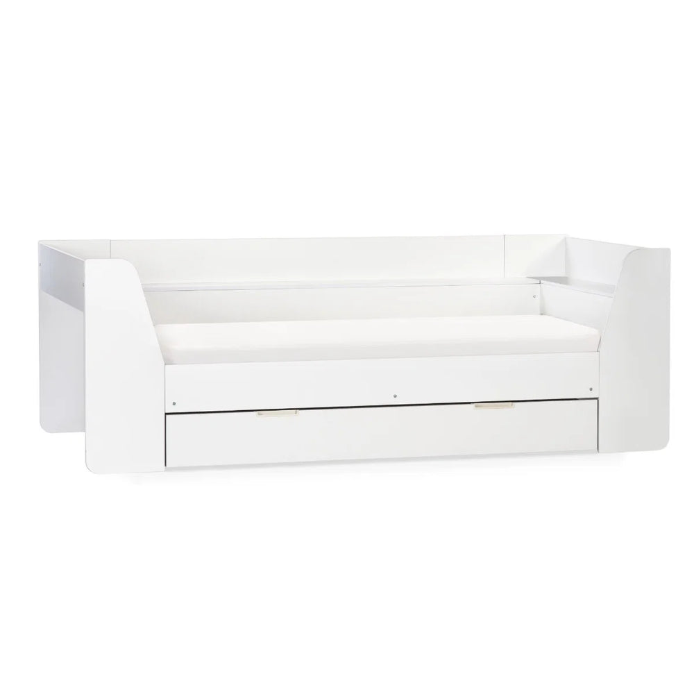 Cyclone Wooden Daybed with Pull-Out Storage Drawer & Overhead Shelving – White