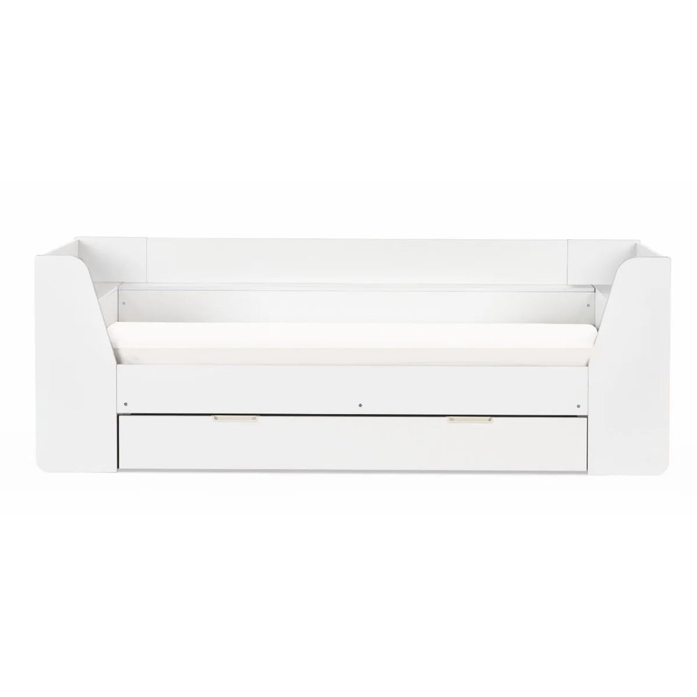 Cyclone Wooden Daybed with Pull-Out Storage Drawer & Overhead Shelving – White