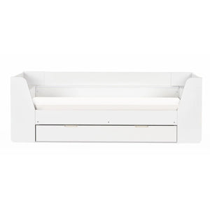 Cyclone Wooden Daybed with Pull-Out Storage Drawer & Overhead Shelving – White
