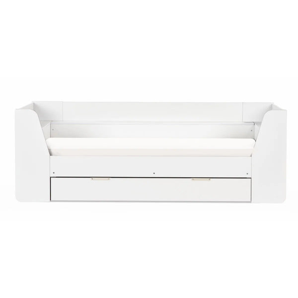 Cyclone Wooden Daybed with Pull-Out Storage Drawer & Overhead Shelving – White