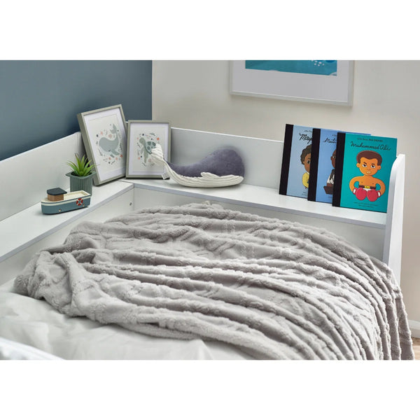 Cyclone Wooden Daybed with Pull-Out Storage Drawer & Overhead Shelving – White