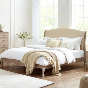 Julian Bowen Camille French Style Limed Oak Bed Frame with Upholstered Oatmeal Linen Headboard – Double, King & Super King