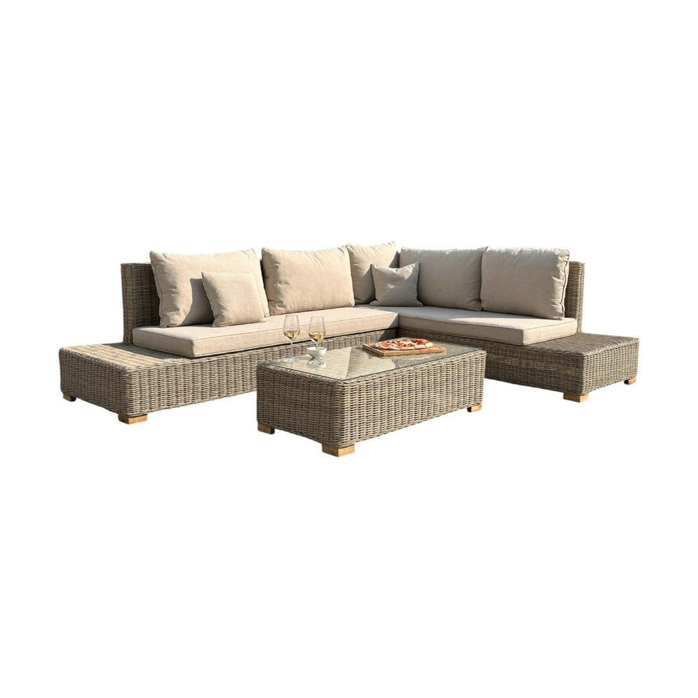 Capri Collection Outdoor Large Corner and Coffee Table Set – Beige Fabric & Glass, Metal Frame, Weather-Resistant Synthetic Wicker - My Store
