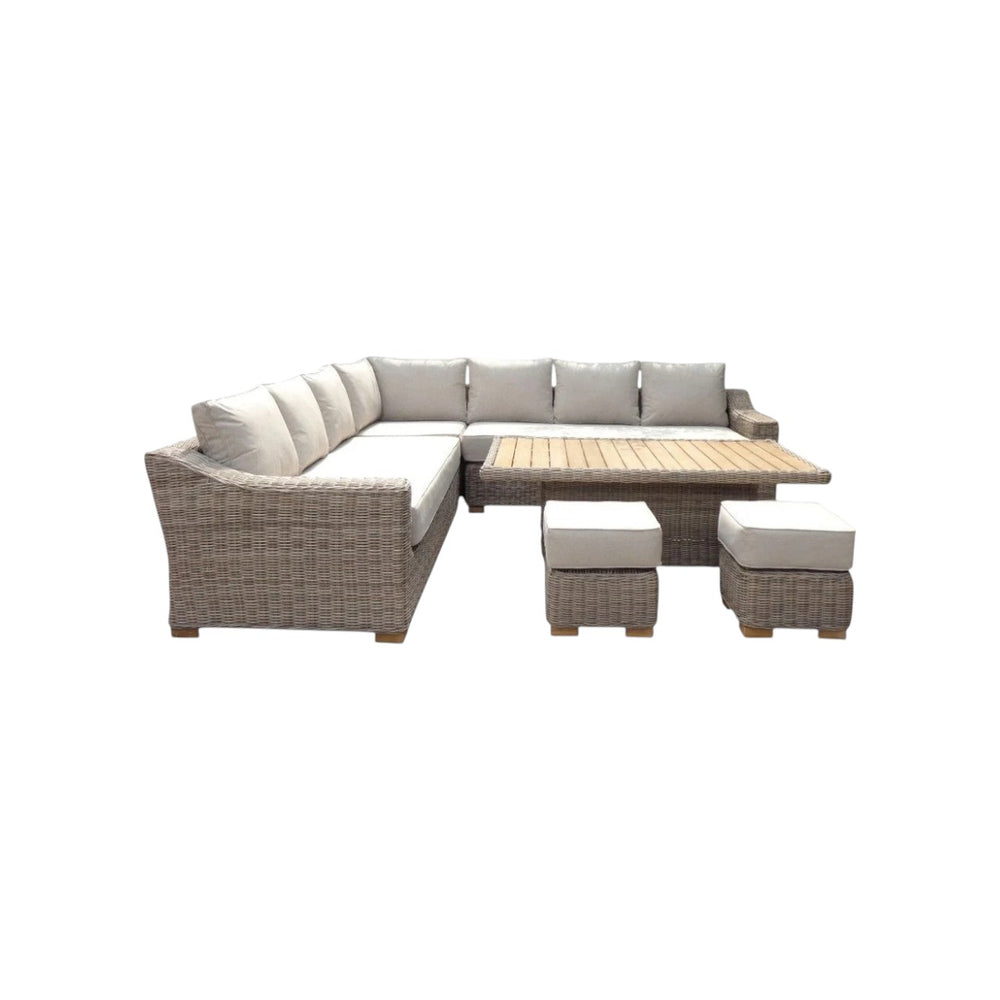 Capri Outdoor Large Corner Set with Riser Table & 2 Stools HDPE Wicker, Aluminum Frame & Olefin Cushions - My Store