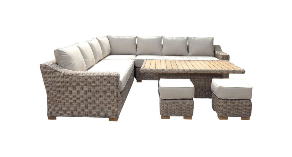 Capri Outdoor Large Corner Set with Riser Table & 2 Stools HDPE Wicker, Aluminum Frame & Olefin Cushions