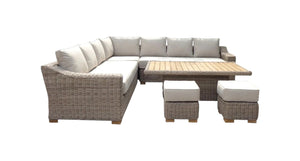 Capri Outdoor Large Corner Set with Riser Table & 2 Stools HDPE Wicker, Aluminum Frame & Olefin Cushions