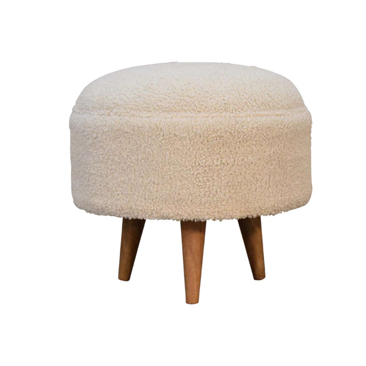 Boucle Round Footstool Oak Wood