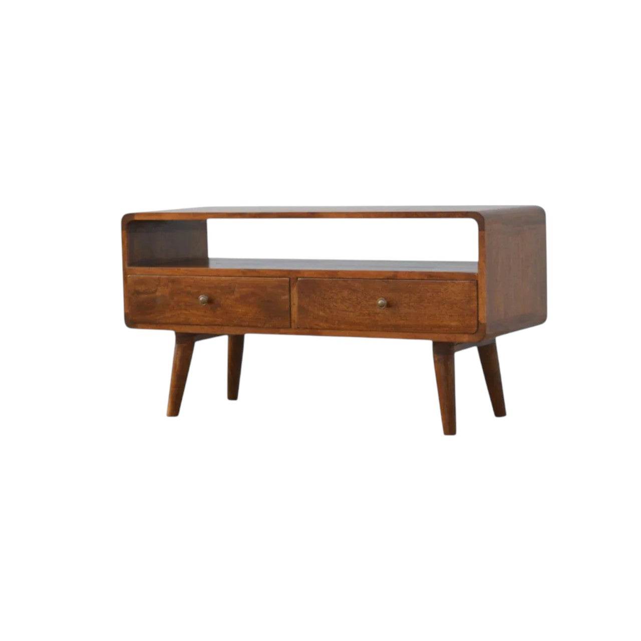 Curved Chestnut Mango Wood Media Unit Drawers