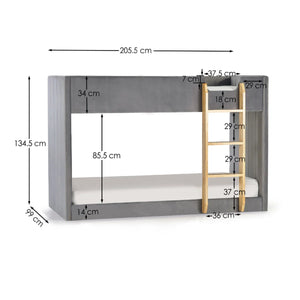 Daytona Grey Velvet Upholstered Kids Bunk Bed with Panelled Design & Wooden Ladder