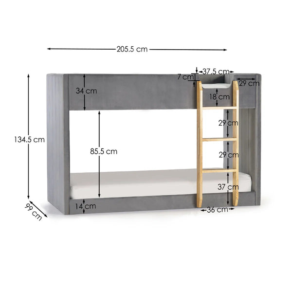 Daytona Grey Velvet Upholstered Kids Bunk Bed with Panelled Design & Wooden Ladder