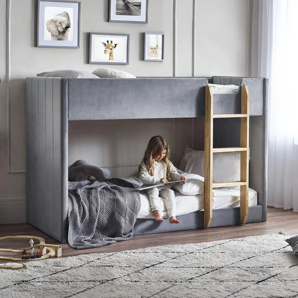 Daytona Grey Velvet Upholstered Kids Bunk Bed with Panelled Design & Wooden Ladder