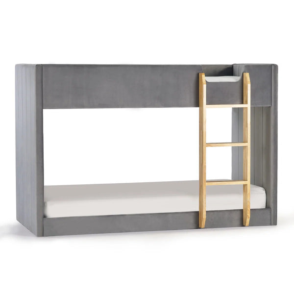 Daytona Grey Velvet Upholstered Kids Bunk Bed with Panelled Design & Wooden Ladder