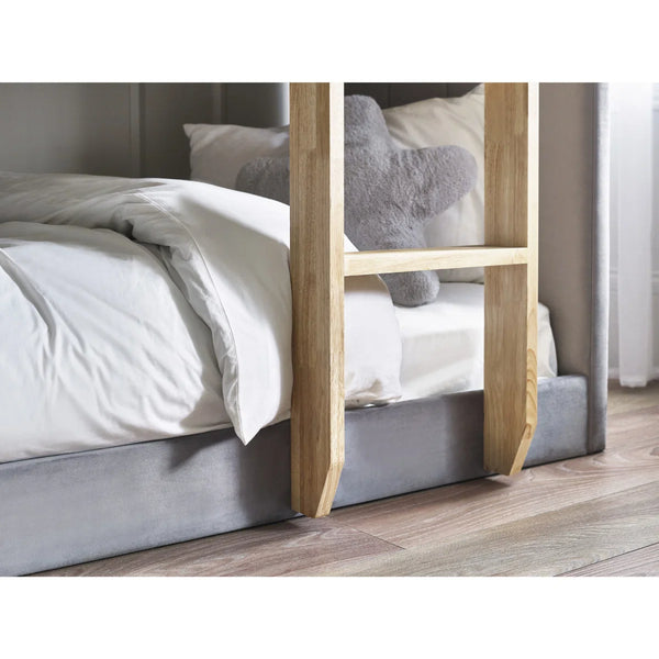 Daytona Grey Velvet Upholstered Kids Bunk Bed with Panelled Design & Wooden Ladder