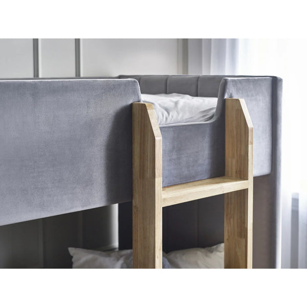 Daytona Grey Velvet Upholstered Kids Bunk Bed with Panelled Design & Wooden Ladder