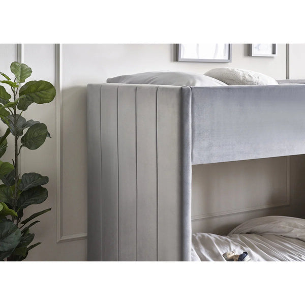 Daytona Grey Velvet Upholstered Kids Bunk Bed with Panelled Design & Wooden Ladder