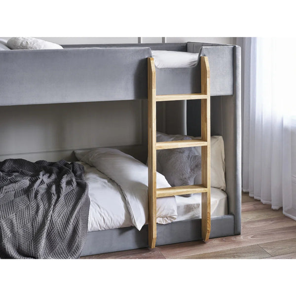 Daytona Grey Velvet Upholstered Kids Bunk Bed with Panelled Design & Wooden Ladder